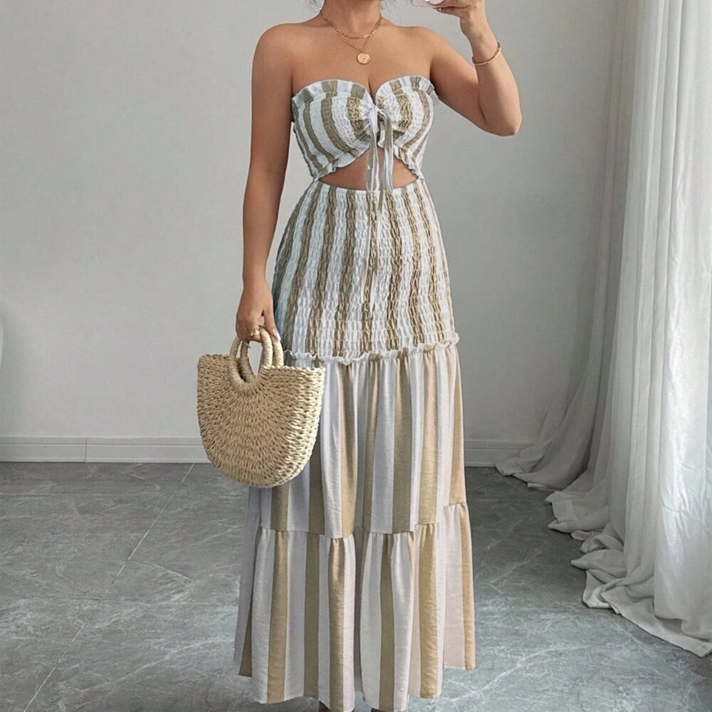 Khaki Boho Women's Striped Elegant Spaghetti Strap Dress - Picture 7 of 8